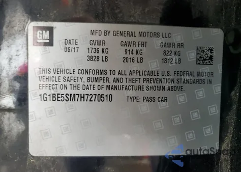 2017 Chevrolet Cruze Lt z USA, uszkodzony, nr VIN 1G1BE5SM7H7270510